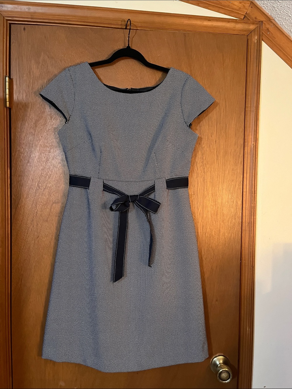 Ladies, navy blue and white fine print dress with navy and white ribbon belt
